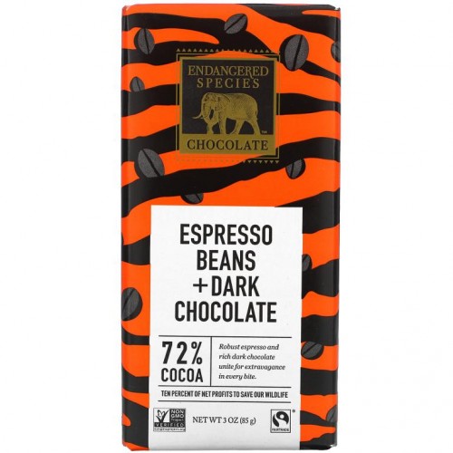 Endangered Species Chocolate, 에스프레소 원두 + 다크 초콜릿, 코코아 72%, 85g(3oz)