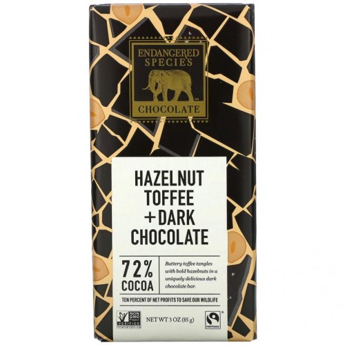 Endangered Species Chocolate, 헤이즐넛 토피 + 다크 초콜릿, 코코아 72%, 85g(3oz)