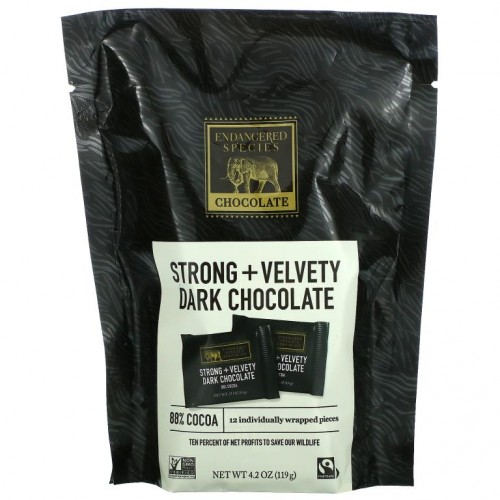 Endangered Species Chocolate, 스트롱 + 벨베티 다크 초콜릿, 코코아 88%, 개별 포장 12개입, 119g(4.2oz)