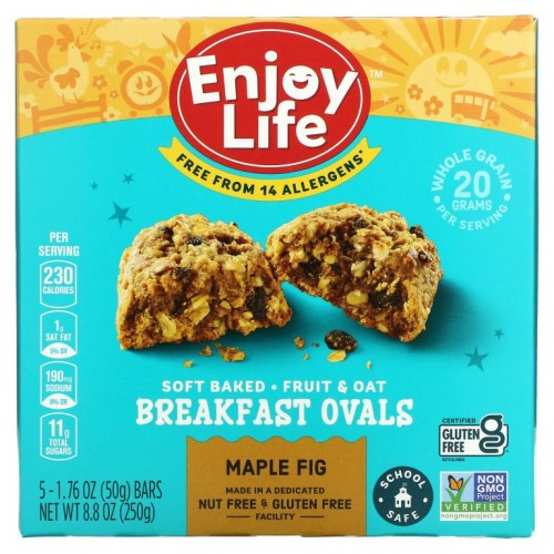 Enjoy Life Foods, 소프트 베이크드 브랙퍼스트 과일 & 귀리 타원형, 메이플 무화과, 스낵바 5개입, 각 1.76oz (50 g)