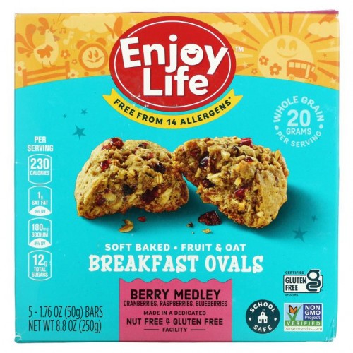 Enjoy Life Foods, 소프트 베이크드 브랙퍼스트 과일 & 귀리 타원형, 믹스 베리, 스낵바 5개입, 바 1 개당 1.76 oz(50 g)