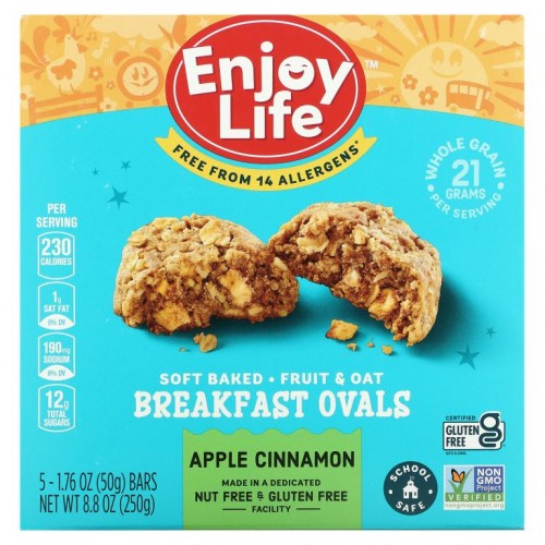 Enjoy Life Foods, 소프트 베이크드 브랙퍼스트 타원형 과일 & 귀리, 애플 시나몬, 5 개입, 바 1 개당 1.76 oz (50 g)