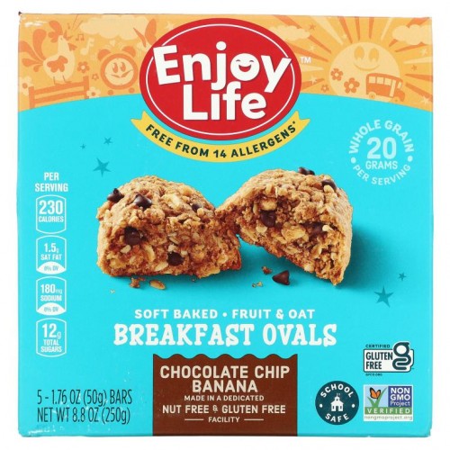 Enjoy Life Foods, 소프트 베이크드 브랙퍼스트 과일 & 귀리 타원형, 초콜릿 칩 바나나, 5 개입, 바 1 개당 1.76 oz (50 g)
