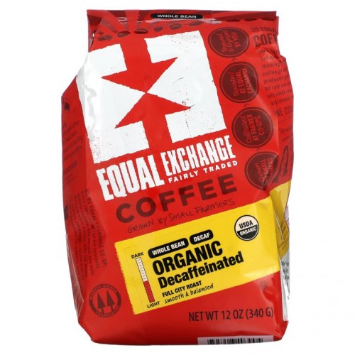 Equal Exchange, 유기농 커피, 풀 시티 로스트, 홀빈, 디카페인, 340g(12oz)