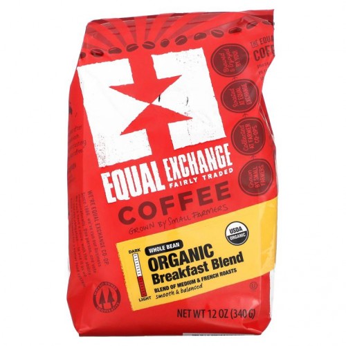 Equal Exchange, 유기농 커피, 브랙퍼스트 블렌드, 홀빈, 미디엄 & 프렌치 로스트, 340g(12oz)