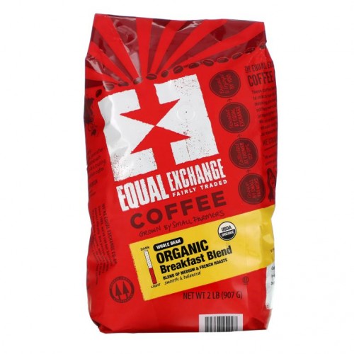 Equal Exchange, 유기농 커피, 브랙퍼스트 블렌드, 홀빈, 미디엄 & 프렌치 로스트, 907g(2lb)
