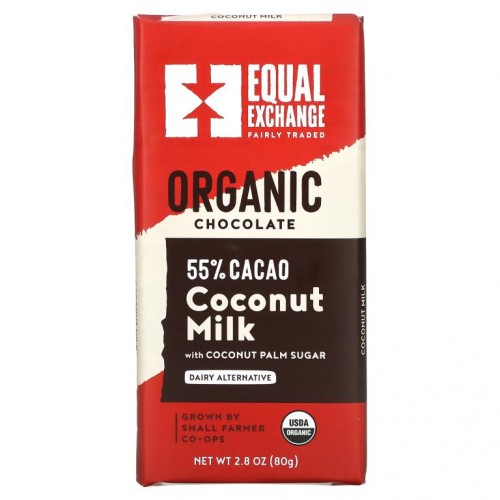 Equal Exchange, 유기농 초콜릿, 코코넛 밀크와 코코넛 팜 슈가, 카카오 55%, 80g(2.8oz)