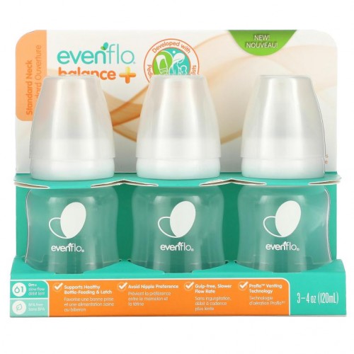 Evenflo Feeding, Balance+ Bottles, Standard, 0+ Months, Slow, 3 Bottles, 4 oz (120 ml) Each