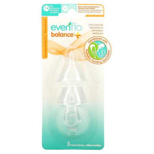 Evenflo Feeding, Balance+ Nipples, Standard, 8+ Months, Fast Flow/X-Cut, 3 Vented Nipples