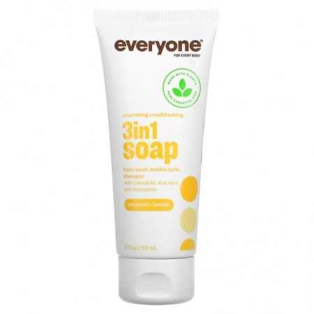 Everyone, 영양 공급 + 다용도, 3 in 1 비누, 바디 워시, 버블 배쓰, 샴푸, 코코넛 + 레몬, 59ml(2fl oz)