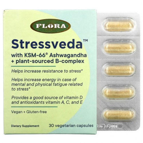 Flora, Stressveda, KSM-66 아슈와간다 + 식물성 원료 B-복합체 함유, 베지 캡슐 30정