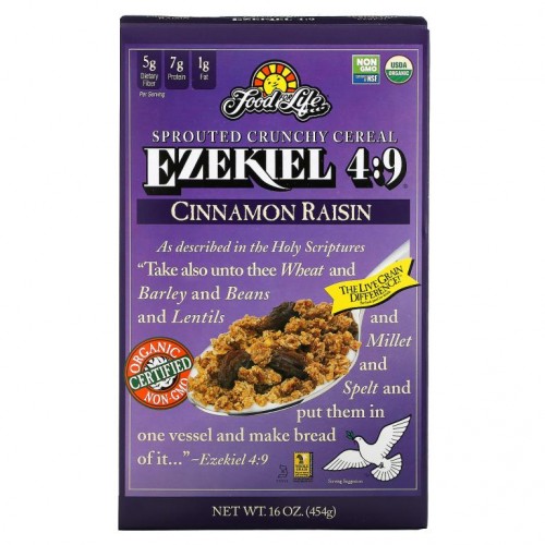 Food For Life, Ezekiel 4:9, 발아 통곡물 시리얼(Sprouted Whole Grain Cereal), 시나몬 레이즌, 16 oz (454 g)