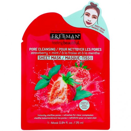 Freeman Beauty, 필링 뷰티풀, 포어 클렌징 뷰티 시트 마스크, 딸기 + 민트, 1매, 25ml(0.84fl oz)