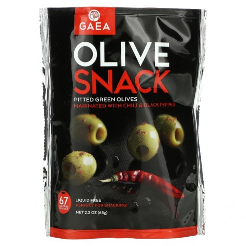 Gaea, 올리브 스낵, 씨를 뺀 그린 올리브, 고추 & 흑후추에 절임, 65g(2.3oz)