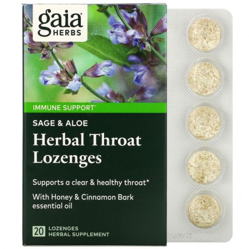 Gaia Herbs, 허브 목 사탕 정제, 세이지 & 알로에, 사탕 정제 20정