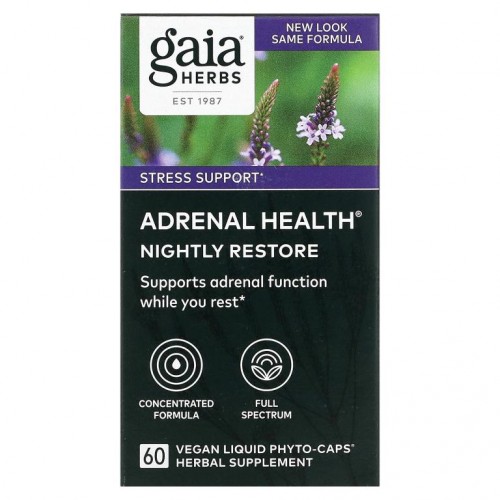 Gaia Herbs, Adrenal Health, 나이트 리스토어, 60 식물성 액상 Phyto-Caps