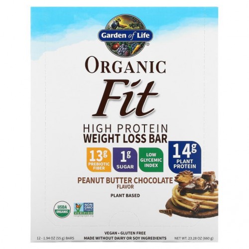 Garden of Life, 오가닉 핏, 고단백질 웨이트 로스 바, 피넛버터 초콜릿, 바 12개, 개당 55g(1.94oz)