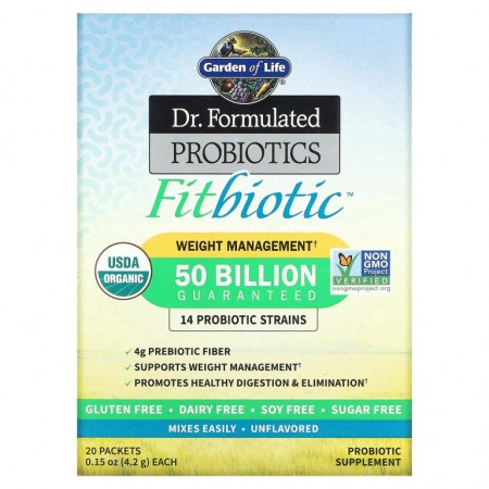 Garden of Life, 유기농, Dr. Formulated 프로바이오틱스 Fitbiotic, 무향, 20 봉, 각 0.15 oz(4.2 g)