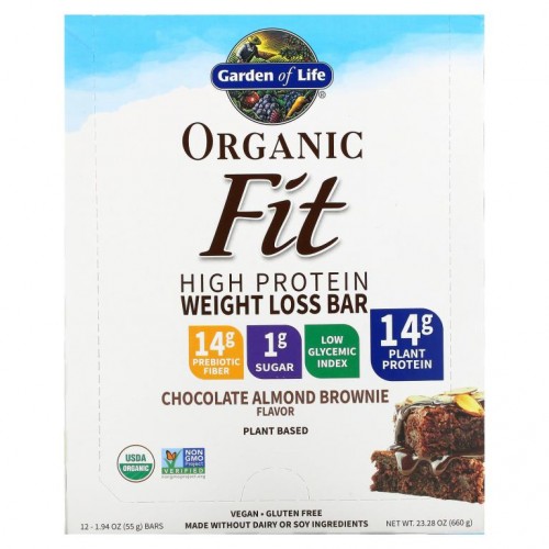 Garden of Life, 오가닉 피트, 하이 프로틴 웨이트 로스 바, 초콜릿 아몬드 브라우니, 바 12개, 각 55g(1.94oz)
