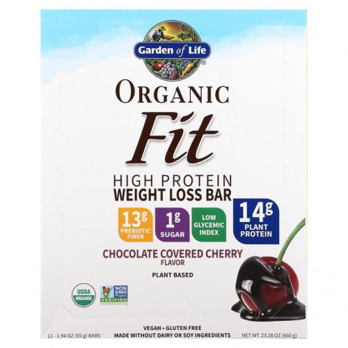 Garden of Life, 오가닉 핏, 하이 프로틴 웨이트 로스 바, 초콜릿 코팅 체리, 12개입, 각 55g(1.94oz)