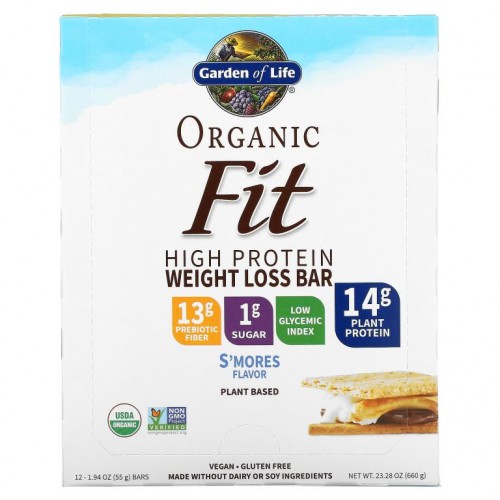 Garden of Life, 오가닉 핏, 하이 프로틴 웨이트 로스 바, S'mores 바, 12개입, 각 55g(1.94oz)