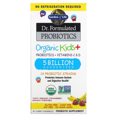 Garden of Life, Dr. Formulated 프로바이오틱스, 어린이용 유기농 제품 +, 맛있는 유기농 딸기 바나나, 맛있는 츄어블 30정