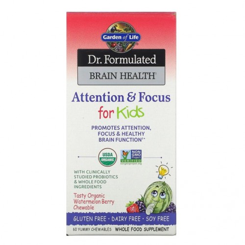 Garden of Life, Dr. Formulated 두뇌 건강, 어린이용 주의 및 집중력, 유기농 워터멜론 베리, 맛있는 츄어블 60정