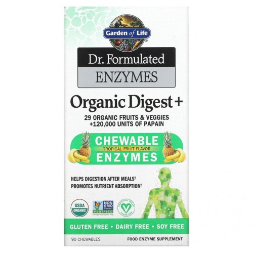 Garden of Life, Dr. Formulated 효소, Organic Digest +, 열대 과일맛, 츄어블 90정