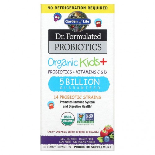 Garden of Life, Dr. Formulated Probiotics, 유기농 키즈 +, 맛있는 유기농 베리 체리, 츄어블 30정