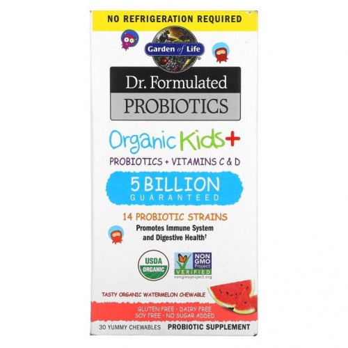 Garden of Life, Dr. Formulated Probiotics, 어린이용 유기농, 맛있는 유기농 수박 맛, 츄어블 30정