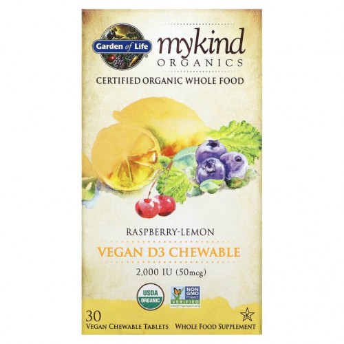 Garden of Life, MyKind Organics, 비건 D3, 라즈베리-레몬, 50mcg(2,000IU), 츄어블 베지 정제 30정