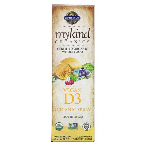 Garden of Life, MyKind Organics, 비건 D3 유기농 스프레이, 바닐라, 25mcg(1,000IU), 58ml(2fl oz)