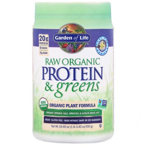 Garden of Life, RAW 단백질 및 채소, 유기농 식물 포뮬라, 바닐라, 550g(19.40oz)