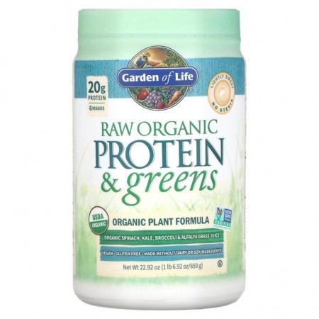 Garden of Life, RAW 단백질 및 채소, 유기농 식물 포뮬라, 약간 단맛, 650g(22.92oz)