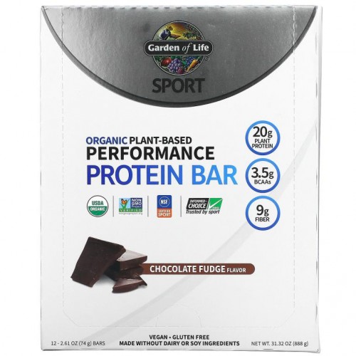 Garden of Life, Sport, 유기농 식물성 퍼포먼스 프로틴바, 초콜릿 퍼지, 바 12개입, 각 74g(2.61oz)