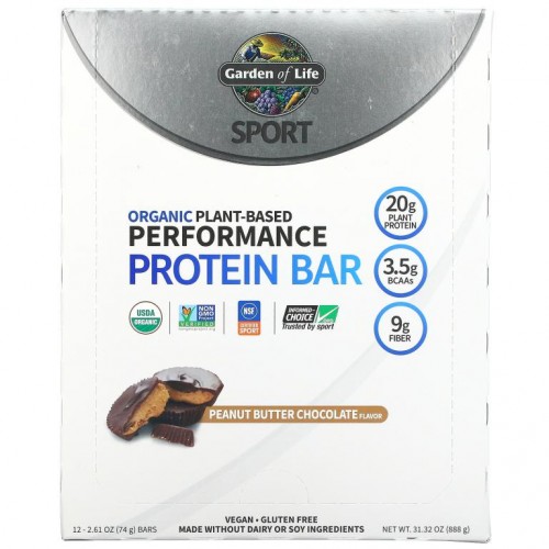 Garden of Life, Sport, 유기농 식물성 퍼포먼스 프로틴바, 땅콩 버터 초콜릿, 바 12개, 각 74g(2.61oz)