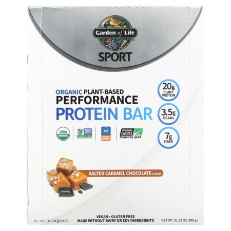 Garden of Life, Sport, 유기농 식물성 퍼포먼스 프로틴바, 솔티드 캐러멜 초콜릿, 바 12개, 각 74g(2.61oz)