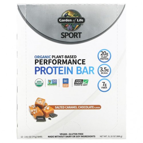 Garden of Life, Sport, 유기농 식물성 퍼포먼스 프로틴바, 솔티드 캐러멜 초콜릿, 바 12개, 각 74g(2.61oz)