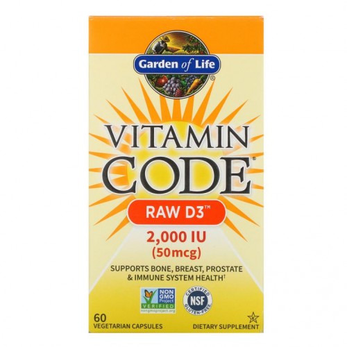 Garden of Life, Vitamin Code, 무가공 D3, 2,000IU, 식물성 캡슐 60정