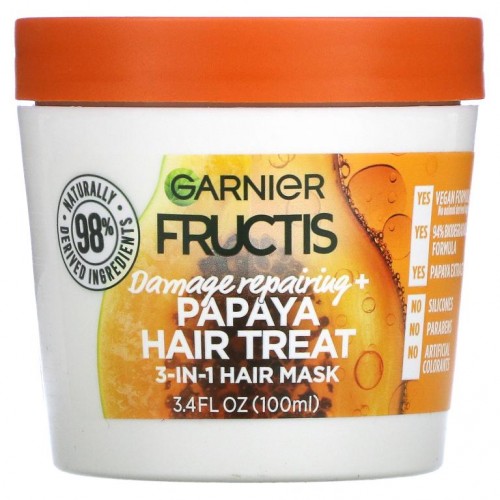 Garnier, 프럭티스, 데미지 리페어링+, 파파야 헤어 트리트먼트, 3-In-1 헤어 마스크, 100ml(3.4fl oz)
