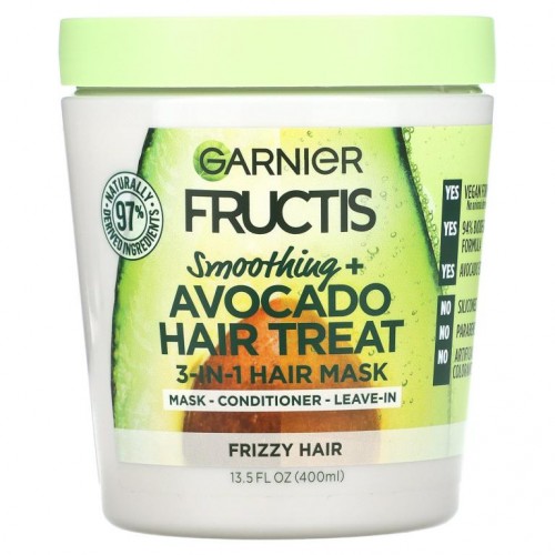 Garnier, 프럭티스, 수무딩 + 아보카도 헤어 트리트먼트, 3-In-1 헤어 마스크, 400ml(13.5fl oz)