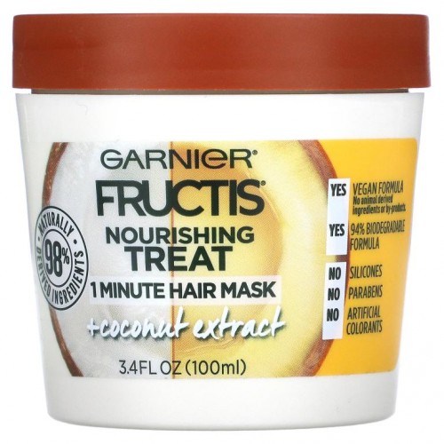 Garnier, Fructis, 너리싱 트리트먼트, 1분 헤어 마스크, + 코코넛 추출물, 3.4fl oz(100ml)