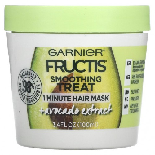 Garnier, Fructis, 스무딩 트리트먼트, 1분 헤어 마스크, + 아보카도 추출물, 3.4fl oz(100ml)