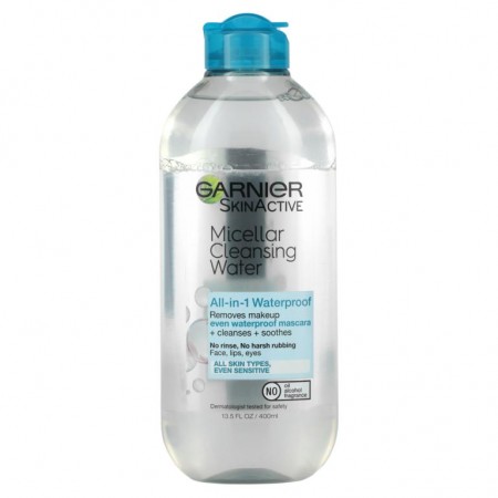 Garnier, SkinActive, 미셀라 클렌징 워터, 올인원 메이크업 리무버(워터프루프 마스카라 포함), 모든 피부 타입에 적합, 13.5fl oz(400ml)