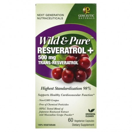 Genceutic Naturals, Wild & Pure 레스베라트롤+, 500mg, 베지 캡슐 60정