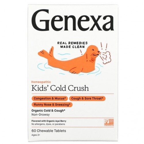 Genexa, 키즈 콜드 크러시, 감기 및 기침 증상 완화, 만 3세 이상, 유기농 아사이베리, 츄어블 60정