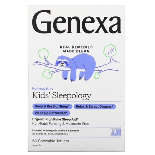 Genexa, Kid's Sleepology, 유기농 야간 수면보조제, 바닐라 라벤더 맛, 만 3세 이상, 츄어블 60정