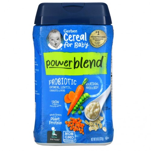 Gerber, 유아용 파워블렌드 시리얼, 프로바이오틱 오트밀, 렌틸, 당근 & 완두콩, 2차 이유식, 227g(8oz)