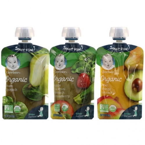 Gerber, 유기농 버라이어티 팩, 배 시금치, 배 망고 아보카도, 사과 주키니 시금치 딸기, 파우치 9개, 각 99g(3.5oz)