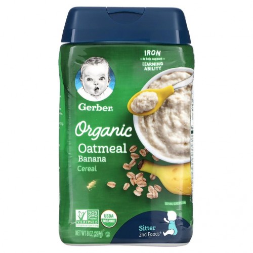 Gerber, 유기농 오트밀 시리얼, 앉을 수 있는 아기, 바나나, 227g(8oz)